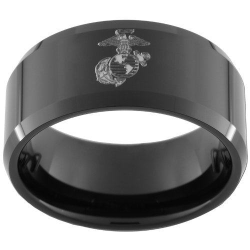 Custom Jewelry 10mm Black Tungsten Carbide Ring with One(1) USMC Marine Eagle Globe & Anchor Image Size 8 1/2