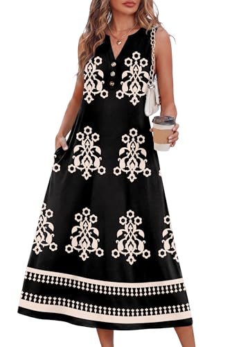 OFEEFAN Summer Dresses for Women Sleeveless Casual Midi Dress Button Front Beach Vacation Sundresses with Pockets