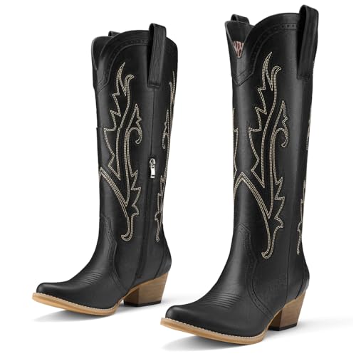 Image of Rollda Cowboy Boots for Women Cowgirl Boots Embroidered Knee-High Western Boots Pointy Toe with Chunky Heel