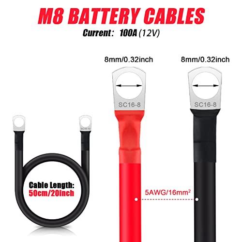 JatilEr 2 Stück Batteriekabel M8 50cm, 5AWG/16mm² Batteriekabel 12V Batterie Kabel Kupfer, Stromkabe Überbrückung, Autobatterie Plus Kabel Mit 2 Ösen, für Motorrad Solar Autobatterie Massekabel Auto
