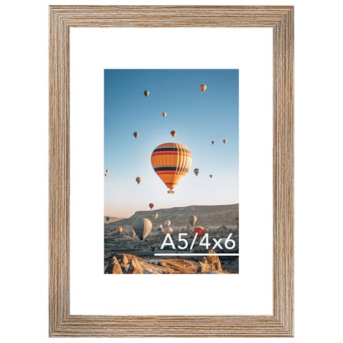 JCJMY 5.8x8.3 A5 Picture Frame with 4x6 Mat for Wall Hanging or Tabletop, Display Photo 4x6 with Mat or 5.8 x 8.3 Without Mat, Wall Poster Photo Frame with Shatter Resistant Plexiglass, Rustic Brown