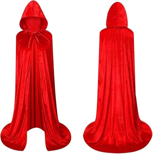 Capa con Capucha Terciopelo Largo Unisex Adulto y Niño, Capa Vampiro Bruja Muerte Monja Dracula Medieval, Capa Terciopelo Hombre Mujer Niños para Halloween y Carnaval (Rojo, 90CM)