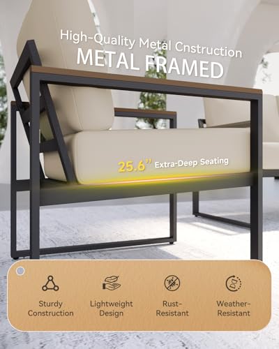 Image of Aoxun Patio Furniture Set, 4 Piece Outdoor Patio Furniture with Thick Cushions, Modern Metal Outdoor Conversation Sets with Coffee Table for Porch, Balcony, Deck Beige