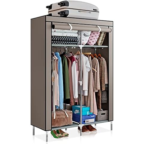 Fabric Canvas Portable Wardrobe, QLFJ-FurDec Premium Fabric Foldable Closet with 2 Hanging Rail, Shelves and Zips, Upgrade Clothes Storage Organiser for Kids Bedroom, 90 * 46 * 168cm (Brown) Cover