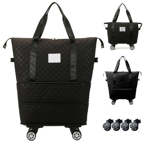 Rolling Duffle Bag with Wheels and Handle, Expandable Foldable Luggage Bag, Dry and Wet Separation Rolling Bag, Zipper Travel Carry on Bag for Gym,Camping,Travel Black Clothing.