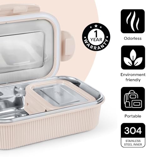 Image of Larah by BOROSIL Freshbyte Stainless Steel Lunch Box | 800 ml + 200 ml Rectangle Container Set | Airtight, Dishwasher Safe Tiffin | Portable Kids Tiffin | 1 Year Warranty (Beige)