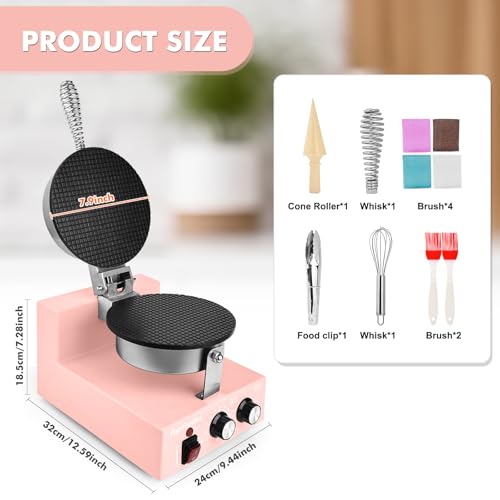 Popfoodex Commercial Waffle Cone Maker - 1200W Commercial Ice Cream Cone Maker w/ 8’’ Non-stick pan and 122–572°F Adjustable Temp, Waffle Cone Maker Machine w/Shaper Roller and Timer, for Restaurants