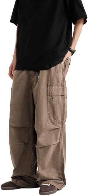 THWEI Mens Baggy Cargo Pants Casual Parachute Cargo Pants Elastic Waist Streetwear Multi Pockets