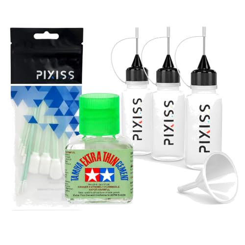 Tamiya Extra Thin Cement for Plastic Models with Pixiss Blending Swabs, 3 Needle Tip Squeeze Bottles, and Funnel - Glue for Miniatures, Model Cars