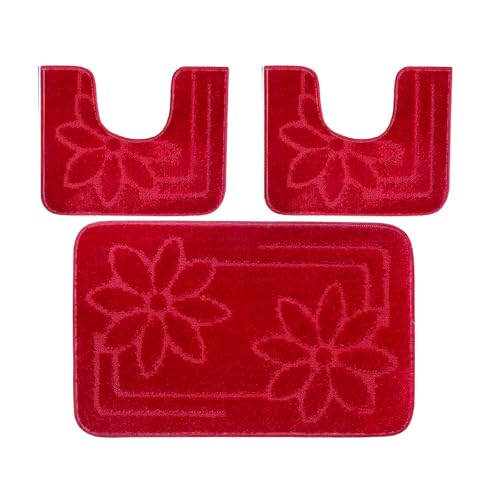 PARAMAISON Tappeti Bagno 3 Pezzi, Coordinati Design Fiori Morbido Antiscivolo Pelo Corto | Rosso