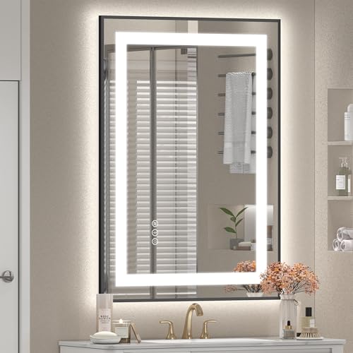 Image of 20x28 LED Bathroom Mirror for Wall, Framed Dimmable Vanity Mirror for Wall, Backlit and Front Lighted, Shatterproof, Anti-Fog, Memory(Horizontal /Vertical)