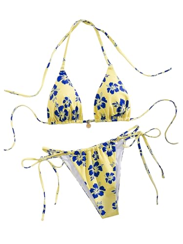 Women's 2 Piece Bikini Set Floral Triangle Thong Bikini Set High Cut Swimsuit Cheeky String Bathing Suit Beachwear