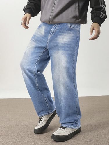 JMIERR Baggy Hip Hop Jeans for Men Wide Leg Skater Denim Pants Casual Loose Fit Long Trousers with Pockets,US34(M),Light Blue