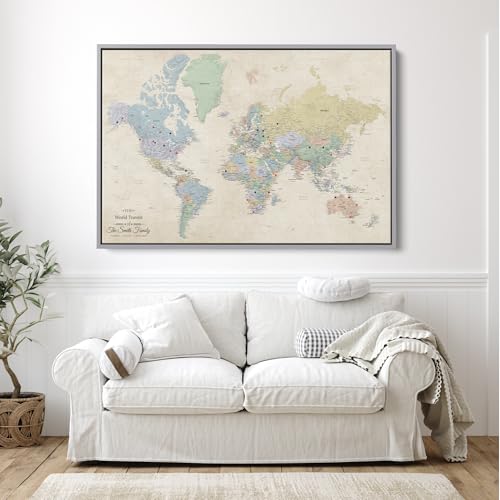 Image of Push Pin Travel Maps Sandy Dreams World Pin Board - Personalized Canvas Travel Map with Pins, Adventure Wall Art Decor for Tracking Trips - Silver Float Mount Frame - 30 inch x 45 inch