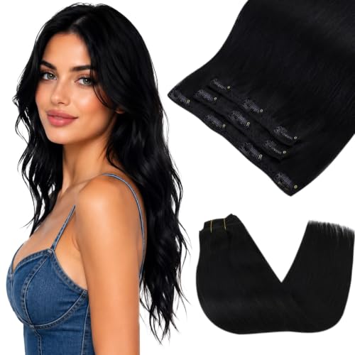 Image of Sunny Hair Clip in Hair Extensions Real Human Hair Jet Black 18 Inch | Remy Hair Extensions Clip ins for Women Soft Texture, Natural Looking for Thin Hair, Soft Blend for Everyday Styling 85g