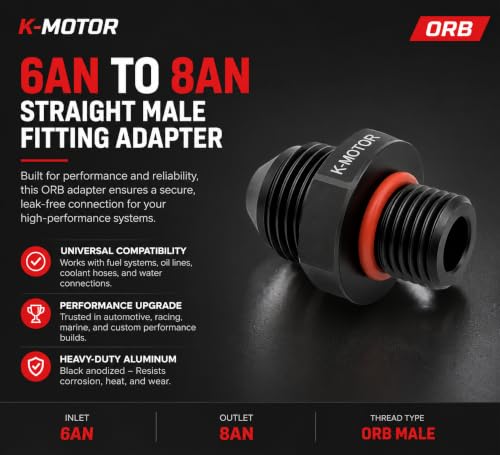 KMOTOR 6AN to 8AN Black ORB Straight Male Adapter – O-Ring Sealed Aluminum Fuel/Oil Coolant Hose Fitting (Black) by K-MOTOR PERFORMANCE - Used condition - Image 3