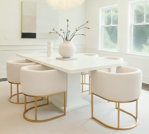 Image of HNY Mid Century Modern Upholstered Barrel Dining Chairs with Arms Set of 8, Linen Kitchen & Dining Room Chairs, 18.5 inch Wide Accent Chairs for Dining Room Living Room with Gold Metal Frame, Cream