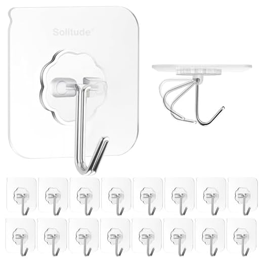 Solitude 20pcs Heavy Duty Adhesive Wall Hooks, Transparent