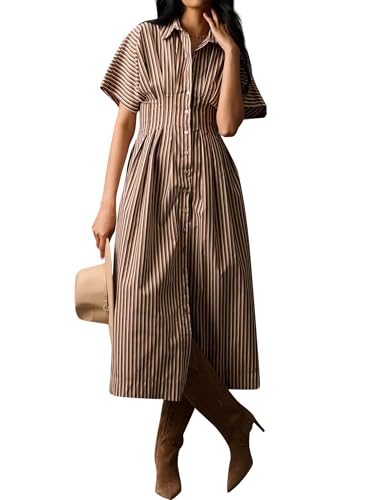 Women Striped Button Down Shirt Maxi Dresses Summer Pleated Short Sleeve Collar Casual Corset Long Dress Brown