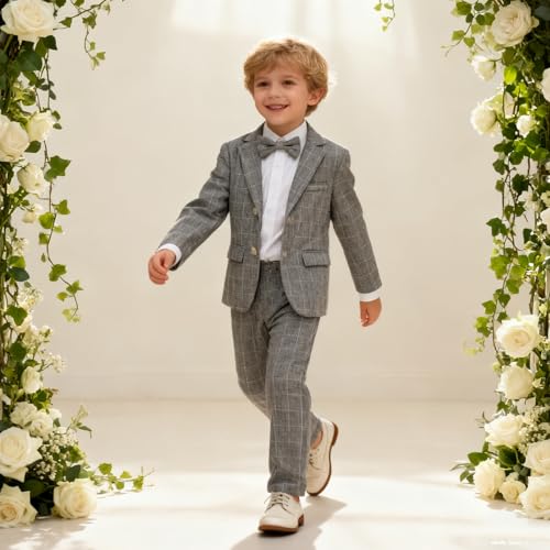 Image of LOLANTA Boys Suit Wedding Ring Bearer Outfit Kids Formal Wear Dress Clothes | Boy 3-Piece Plaid Suits, Sport Coat Blazer and Pants Set with Adjustable Bow Tie, Gentleman Birthday Party Graduation Outfits