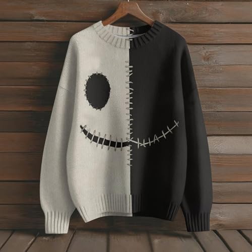 Pull Halloween homme Jack O Lantern tricot gris aux finitions patchwork contrasté - 3