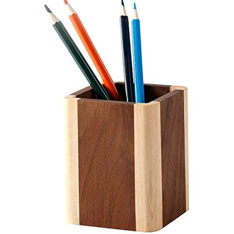 YOYAI Natural Wood Desk Pen Holder Pencil Organizer Desktop Office Pencils Stand Holder Simple(Maple side walnut center) Cover
