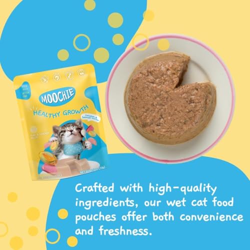 Image of Moochie Tasty Wet Cat Food, (85 g X 48 Pouches) Grain Free Cats Gravy Meal, Healthy Growth Tuna Mousse with Chicken, No Artificial Flavours Kitten Food, Non-Vegetarian Cat Foods Pouch