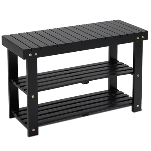 BEEFURNI Wooden Shoe Rack Bench, 3-Tier Wooden Shoe Organizer for