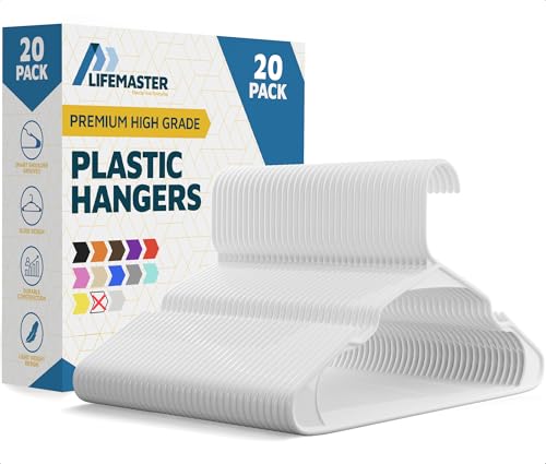 Lifemaster Plastic Clothes Hangers – Heavy Duty Hanger Set, for Organizing Clothes, Dresses, and Coat, Holds Up to 5 lbs, Space-Saving Hangers with Non-Slip Shoulder Grooves, Pack of 20, White