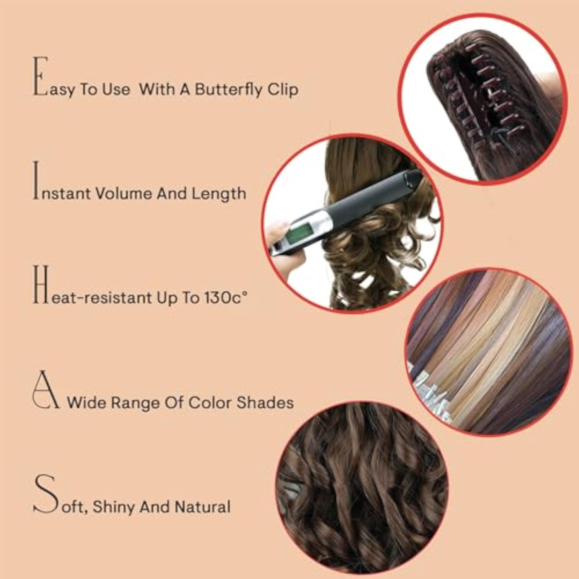 16" Curly Brown Clip-On Ponytail Extension, Heat-Resisting