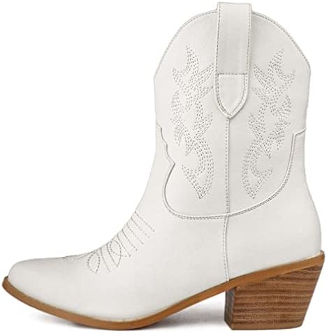 SIFINELAR Women Western Cowboy Cowgirl Stitched Ankle Boots Embroidered Round Toe Stacked Heel Pull on Short Booties
