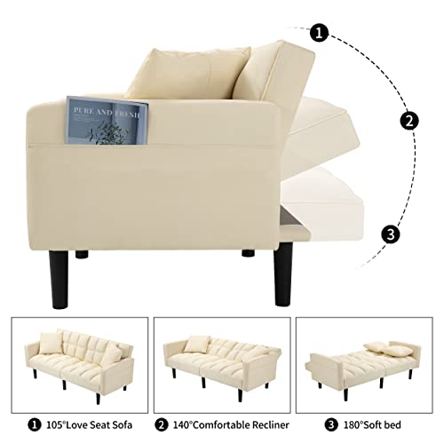 Homhum Convertible Leather Folding Couch Futon Sofa Bed Adjustable Back W/Armrest For Living Room,Beige #TOP3