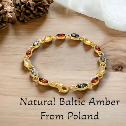 18K Gold Plated 925 Sterling Silver and Multicolored Baltic Amber Bracelet, Amber Jewelry Collection2