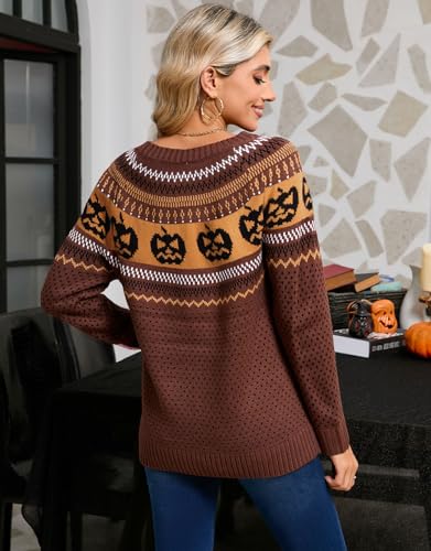 Image of Women's Fair Isle Sweaters Long Sleeve Crew Neck Loose Casual Halloween Pullover Sweater Brown X-Large