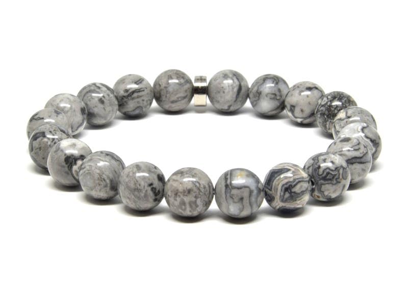 Bracelet jaspe gris perles 10mm élastique bijoux lithothérapie homme femme