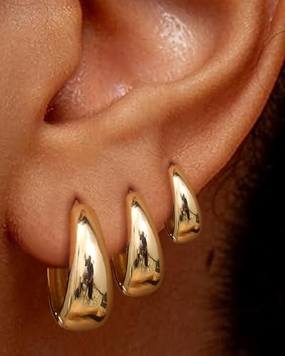 besteel 3pairs 14k gold plated hoop earrings set for women chunky earring silver plated hypoallergenic small huggie hoops lightweight tiny thick trendy hoop earrings stacks for multiple piercing