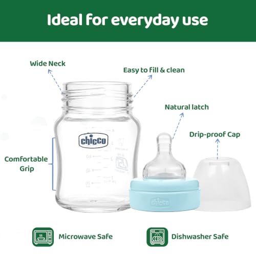 Image of Chicco Wellbeing Glass Feeding Bottles 120ml (Blue) I Premium Borosilicate I Proven Anti-Colic System I 100% Silicone I Food Grade I BPA Free I New Born I Slow Flow | 0+ Months