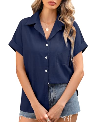 Xnova Camisas Mujer Verano Manga Corta Blusas de Mujer Algodón Elegantes Cuello en V Básica Camiseta Tops con Botones, Azul Marino, L