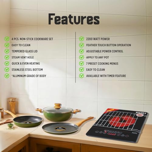 Image of BALTRA 2200W Infrared Cooktop Combo with 4-Piece Induction Cookware Set | Electric Cooking Stove with 7 Preset Modes | Auto Shut-Off | Glass Top | Ready-to-Use No Gas Solution