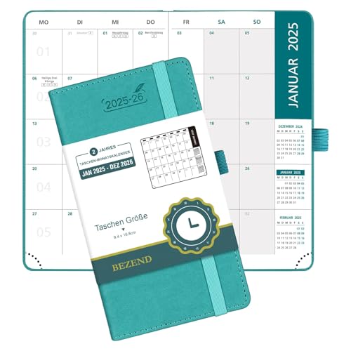 BEZEND 2 Jahres Kalender 2025 2026, Terminplaner 16,8 x 9,7 cm, 1 Monat auf 2 seiten von Jan 2025 bis Dez 2026, PU-Leder Hardcover Monatsplaner mit Innentasche - Türkis
