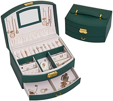 BUTI4WLD Girls Jewelry Box, 3 Layer Medium Sized Jewelry Storage Box with Lock, PU Leather Made Jewelry Organizer, Portable Travel Jewelry case for Earrings Bracelets Rings(Green+Large)
