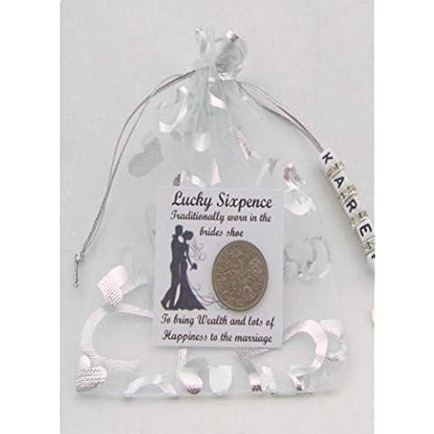 cleverlittlegifts PERSONALISED LUCKY SIXPENCE BRIDE TO BE WEDDING DAY GIFT GOOD LUCK CHARM & CARD (silver & white bag, origanal sixpence with brides shoe) Cover