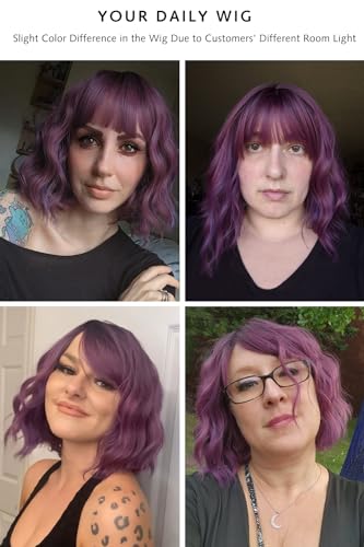 Image of Rose bud Wavy Bob Wig with Bangs Natural Ombre Purple Wig Synthetic Hair Shoulder Length Short Curly Wigs for Women