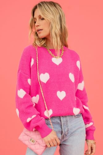 Women's Bright Pink Fuzzy Valentine Hearts Drop Shoulder Sweater Casual Heart-Shaped Long Sleeve Pullover Tops3