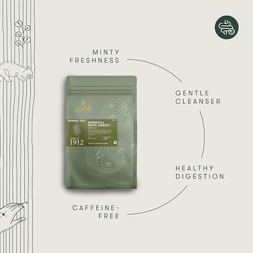 Image of Luxmi Estates Moringa Mint Herbal Tea, 50 Biodegradable Pyramid Tea Bags (100g, 3.5oz) | USDA Organic Moringa Oleifera Leaf with Spearmint | Caffeine-Free Superfood Infusion, Vegan & Non-GMO Bulk Pack