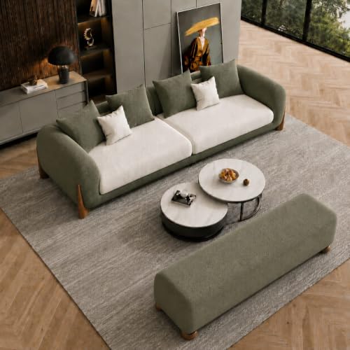 Image of Modern Boucle Sofa for Living Room Bedroom Reception and Office Wooden Polished Leg Sofa for Living Room (Olive Green & Off White, 3 Seater + Bench)