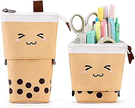 Boba Cute Standing Pencil Case for Kids, Pop Up Pencil Box Makeup Pouch, Stand UP Christmas Gift kids Pen Holder Organizer Cosmetics Bag, Kawaii Stationary (Brown)