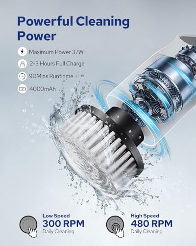 Benlari Electric Spin Scrubber- 2025 Upgraded Dual Switch Power Shower Scrubber for Tile Tub Glass Wall Floor Car - Cordless Cleaning Brush for Bathroom Kitchen Bedroom Toilet (White)