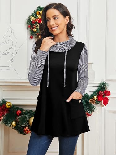 Bulotus Fall Sweaters for Women 2025 Cowl Neck Asymmetrical Long Tunics for Leggings Vacation Travel Tops with Pockets