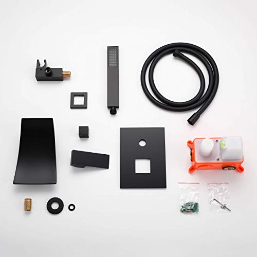 Kunmai Modern Waterfall Wall-Mount Tub Filler Faucet With Handshower In Chrome/Black (Black) #TOP6